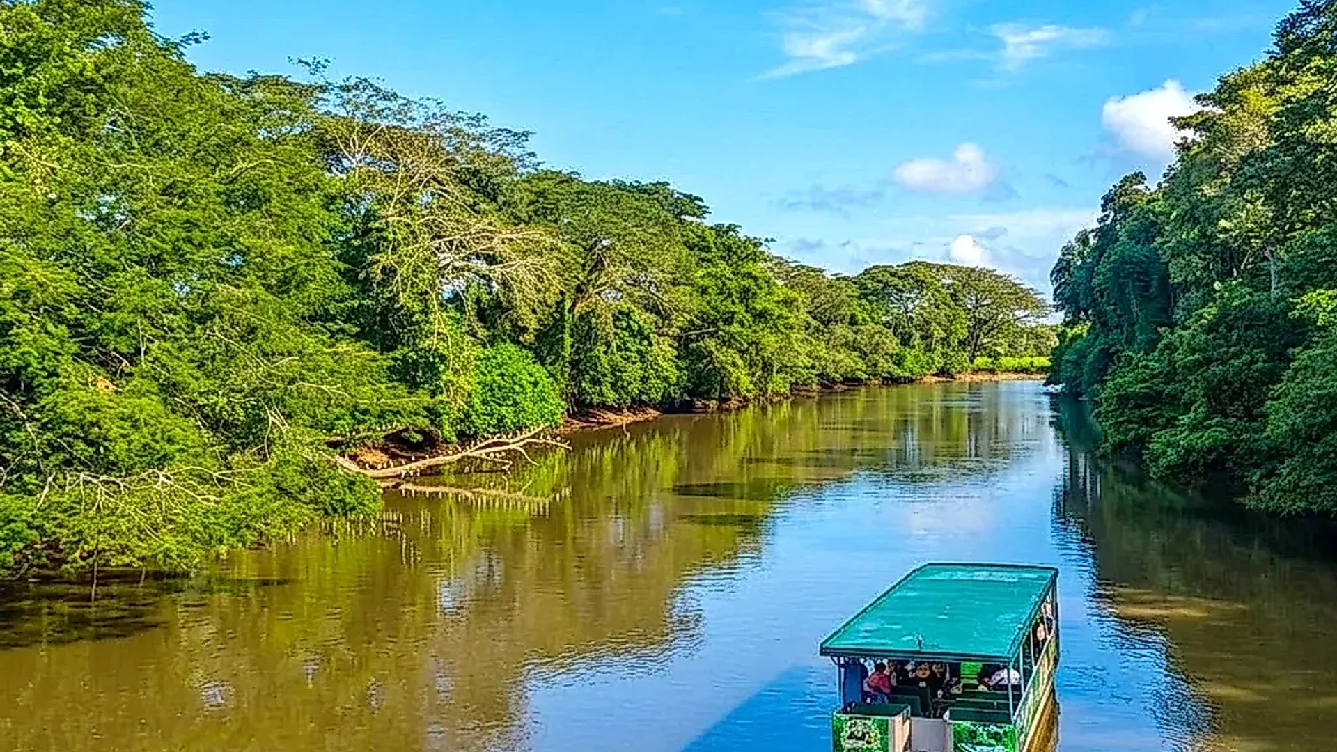 Bateau d'expédition partant pour un safari fluvial dans la réserve faunique de Caño Negro.